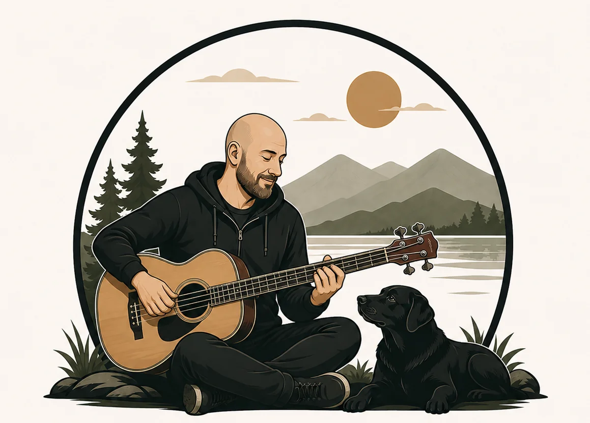 Illustration of Gabe playing bass by a lake at sunset, with his black lab Kylo looking on