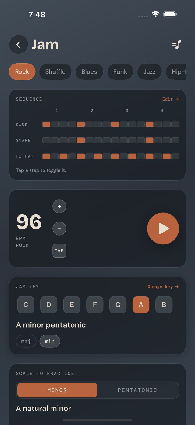 Bass Buddha jam screen with a Rock backing track, drum sequencer, tempo, and key selector