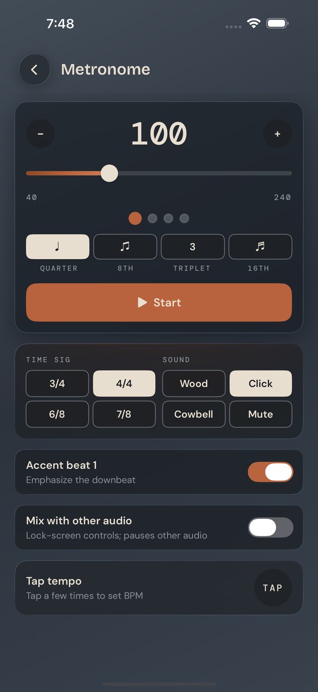 Bass Buddha metronome set to 100 BPM with time signature and sound options