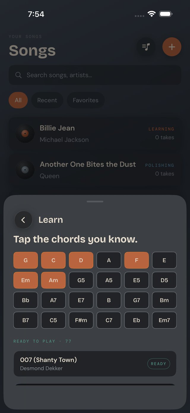 Bass Buddha songs library showing saved songs with their learning status