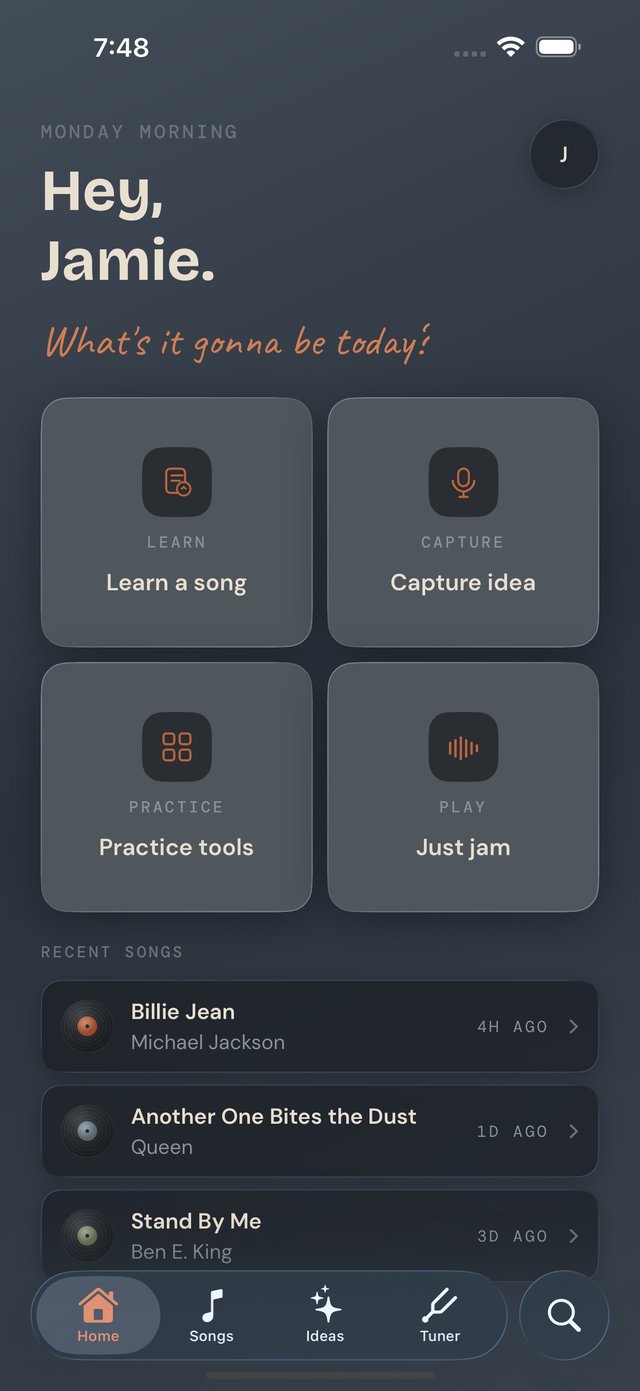 Bass Buddha home screen showing quick actions for Learn, Capture, Practice, and Jam, plus a recent songs list