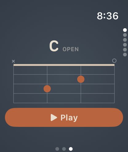 Apple Watch showing a C chord diagram with a Play button