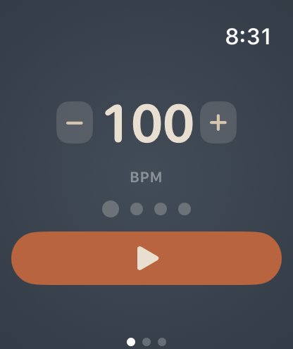 Apple Watch showing a metronome set to 100 BPM with a play button
