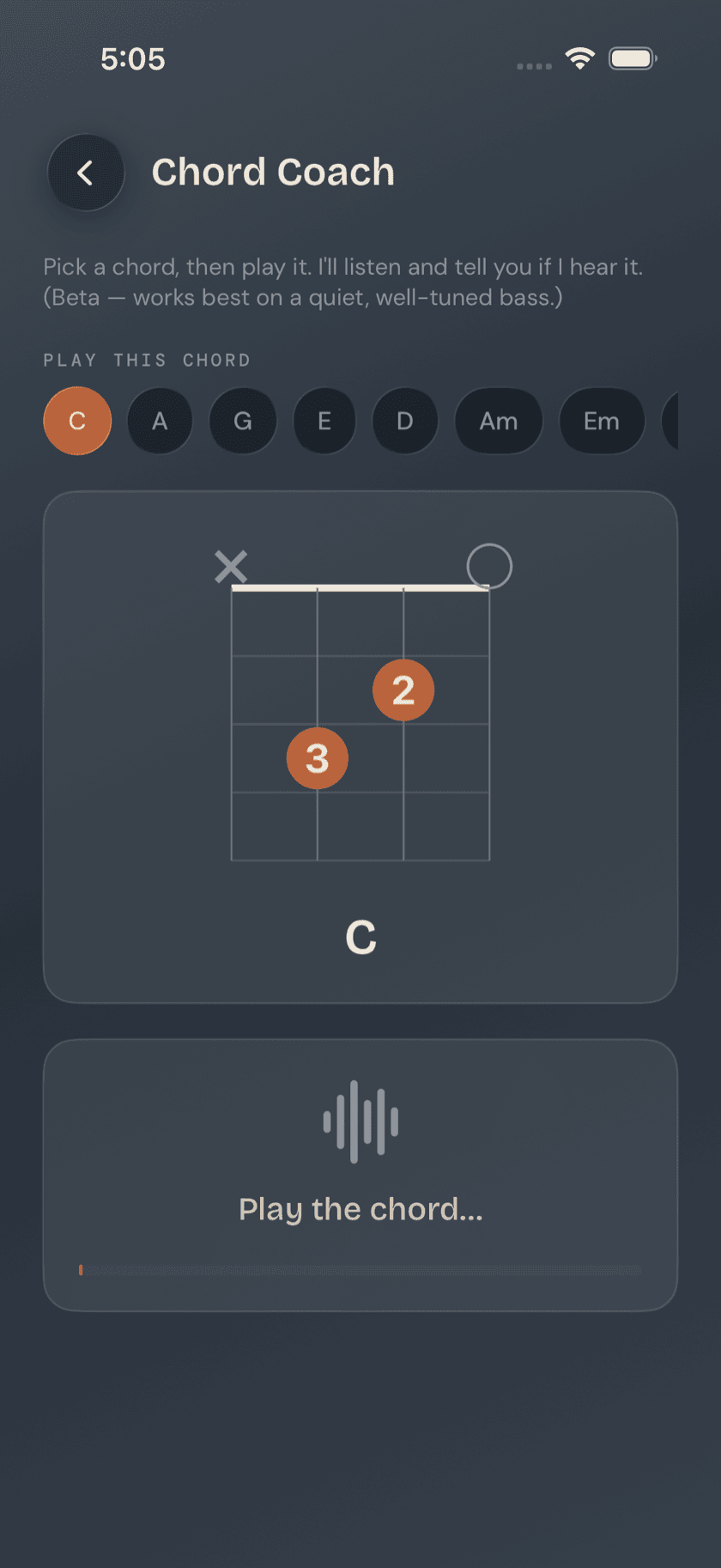 Chord Coach, active listening state with feedback shown