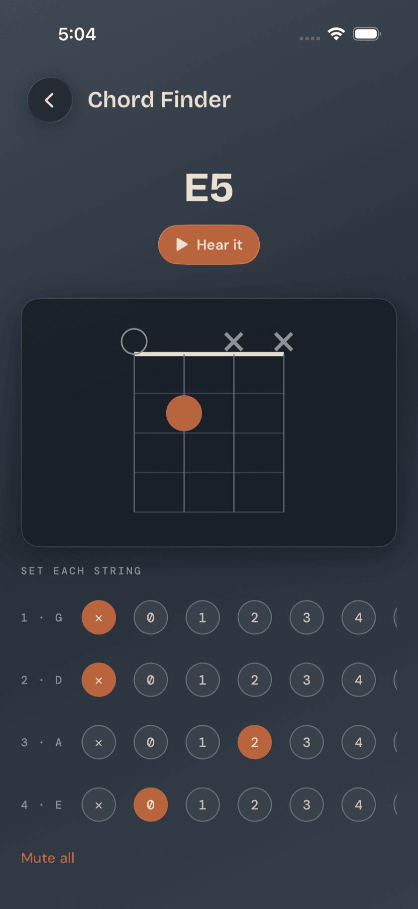 Chord Finder, four string/fret chips set mid-entry, chord name resolved