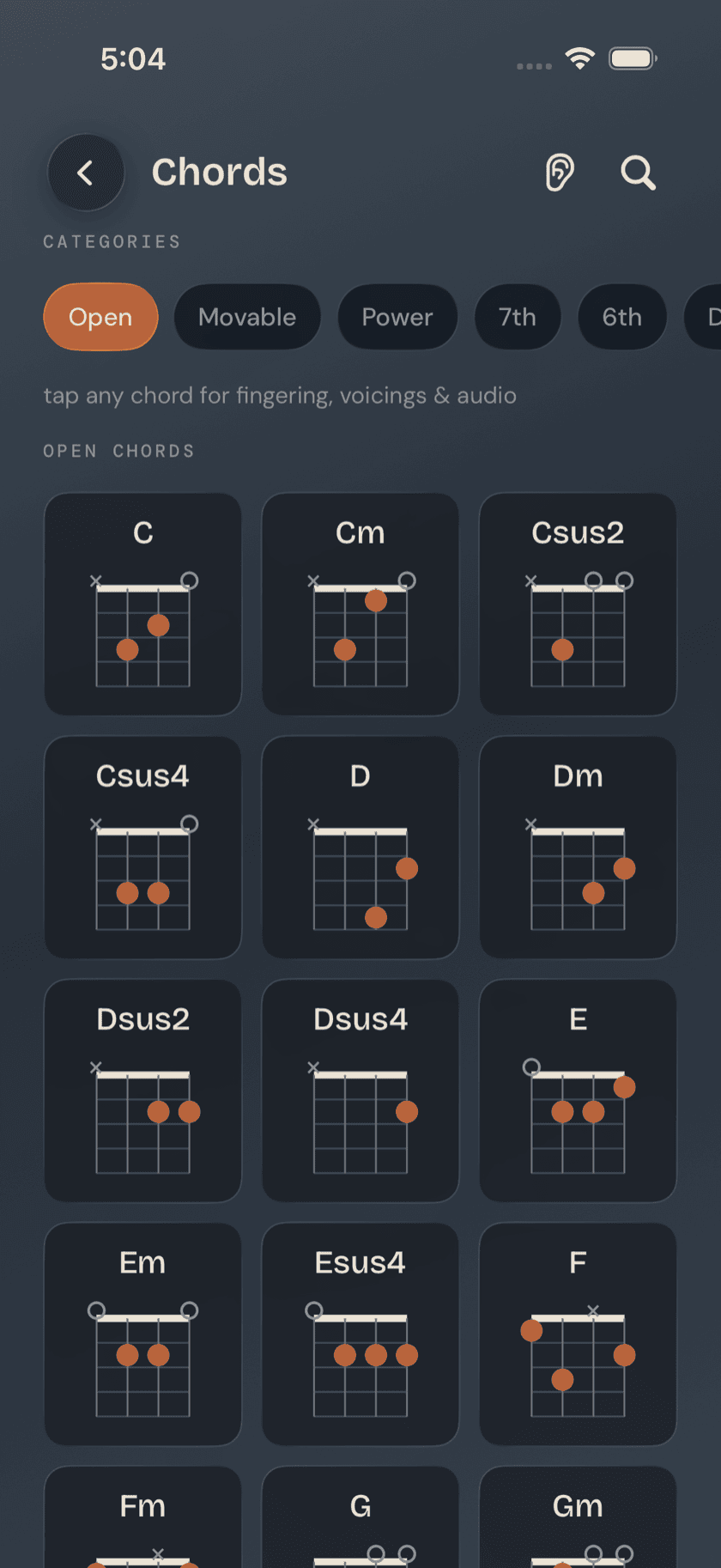 Chord Library, filtered grid view, category pills visible