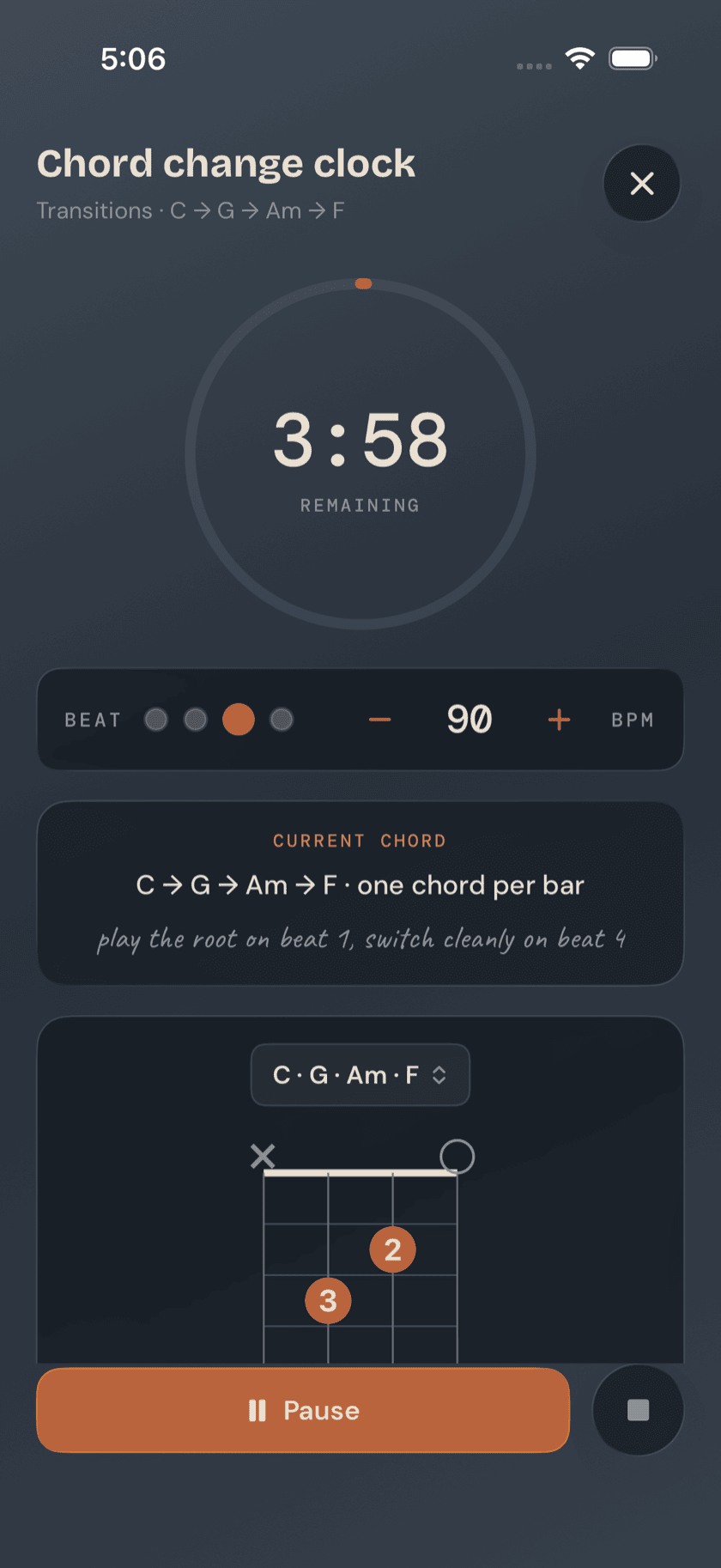 Practice Hub, Chord Change Clock, current chord diagram and tempo control, mid-cycle