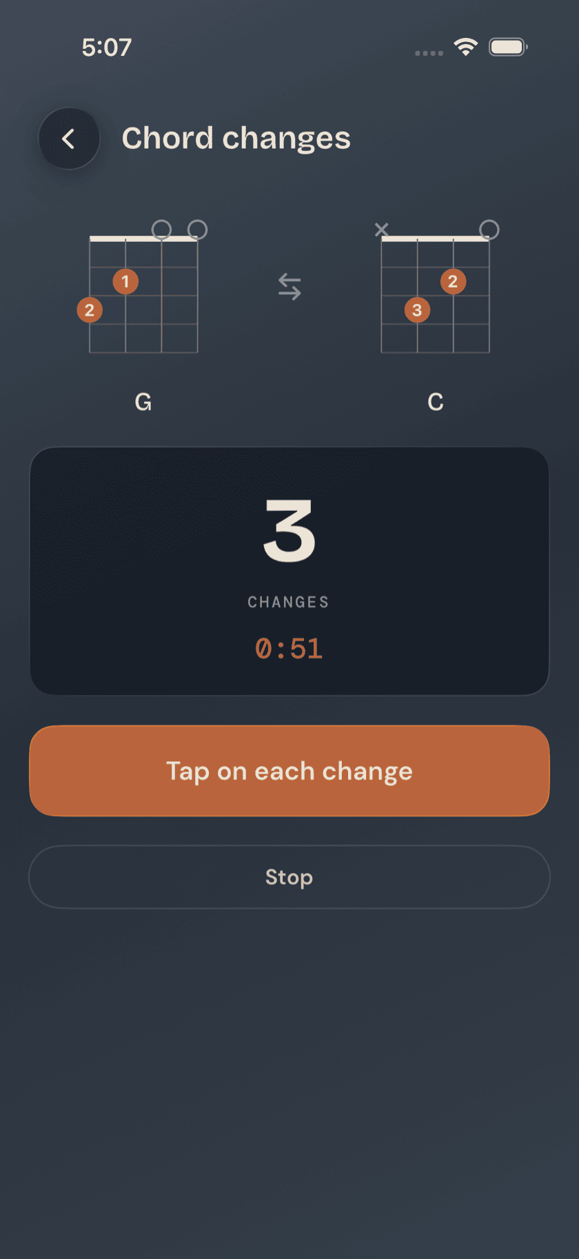 Practice Hub, Chord Change Trainer, timer running with tap counter and last-score comparison