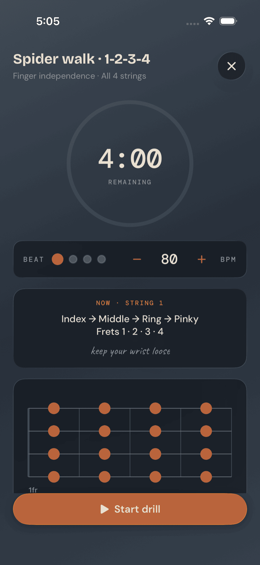 Practice Hub, Spider Walk drill in progress, finger-ladder diagram and running timer, Strata theme