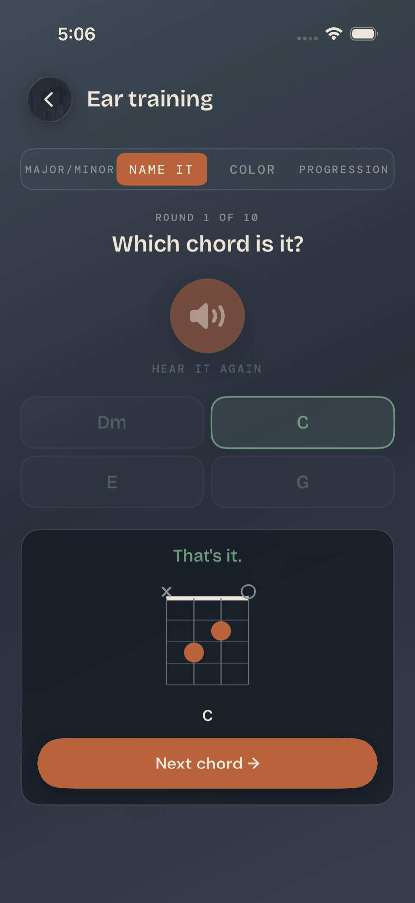 Practice Hub, Ear Training, Name the chord mode, answer revealed with fingering diagram