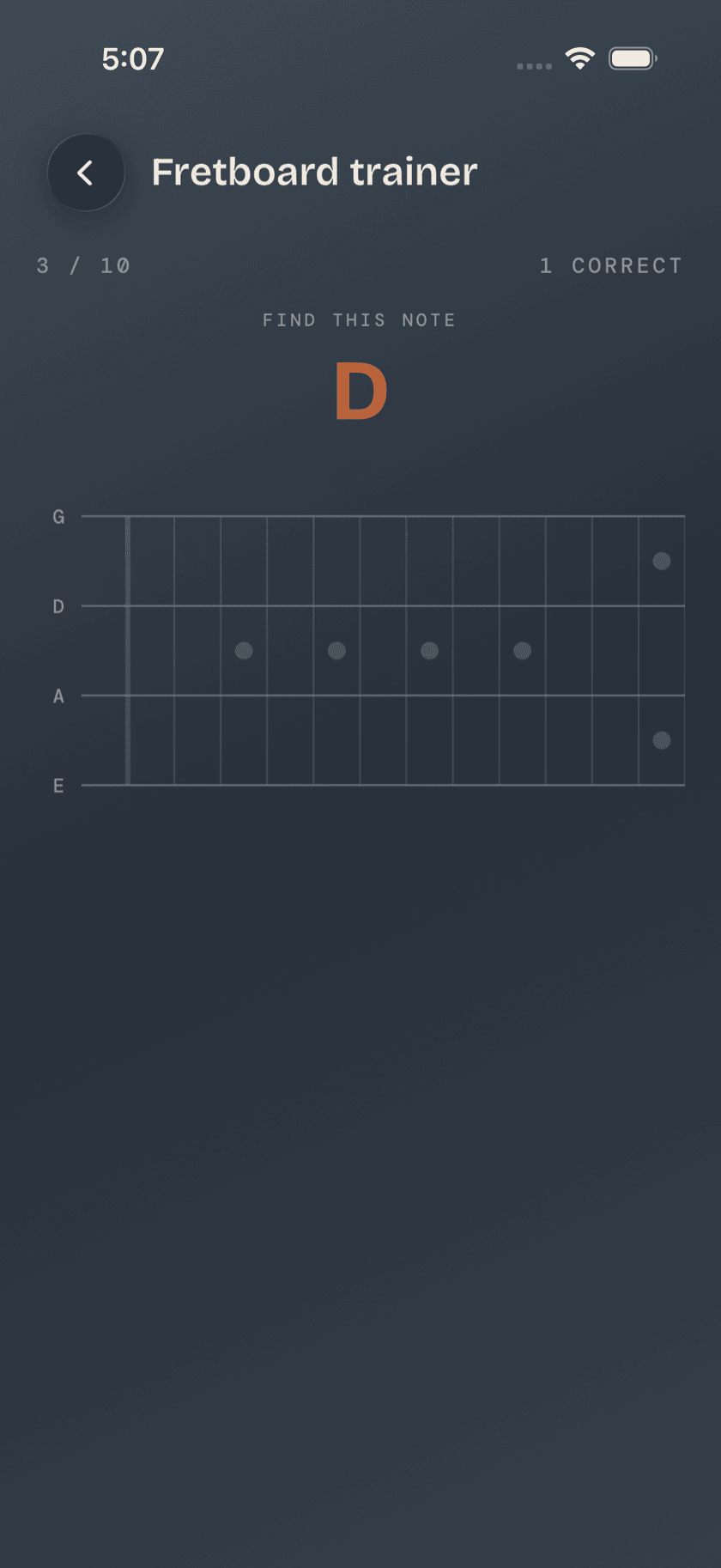Fretboard Trainer, Find This Note prompt active, all-strings mode