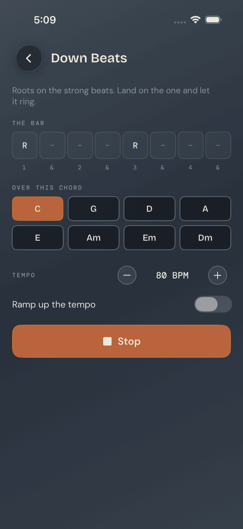 Grooves player, count-in overlay visible, pattern's symbol row shown before the loop starts, Strata theme