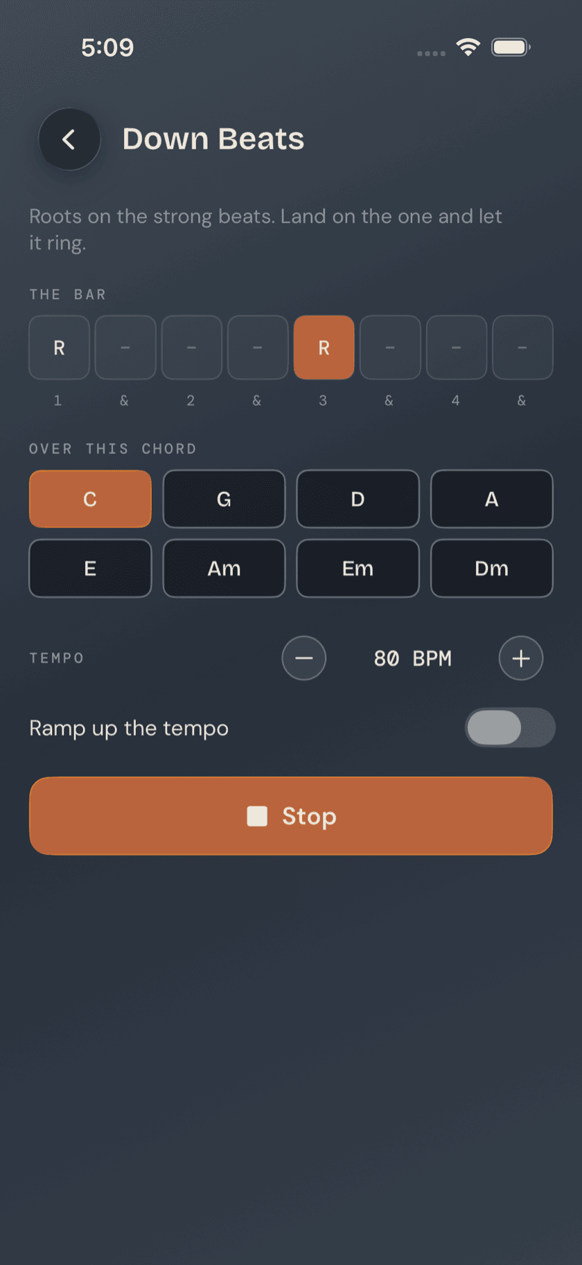Grooves player mid-loop, step highlight lit on the current symbol, tempo slider and speed-up-gradually toggle visible, Strata theme