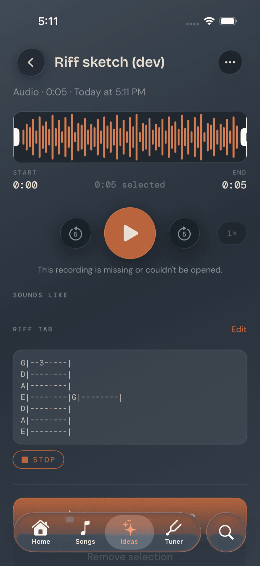 Idea detail, riff tab playing back, Stop button and lit fret number active