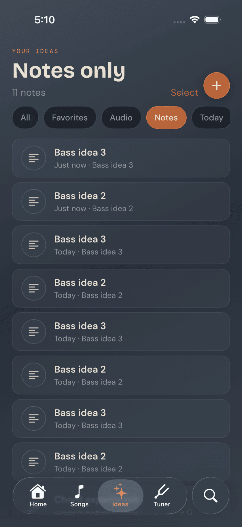 Ideas tab, filtered list view
