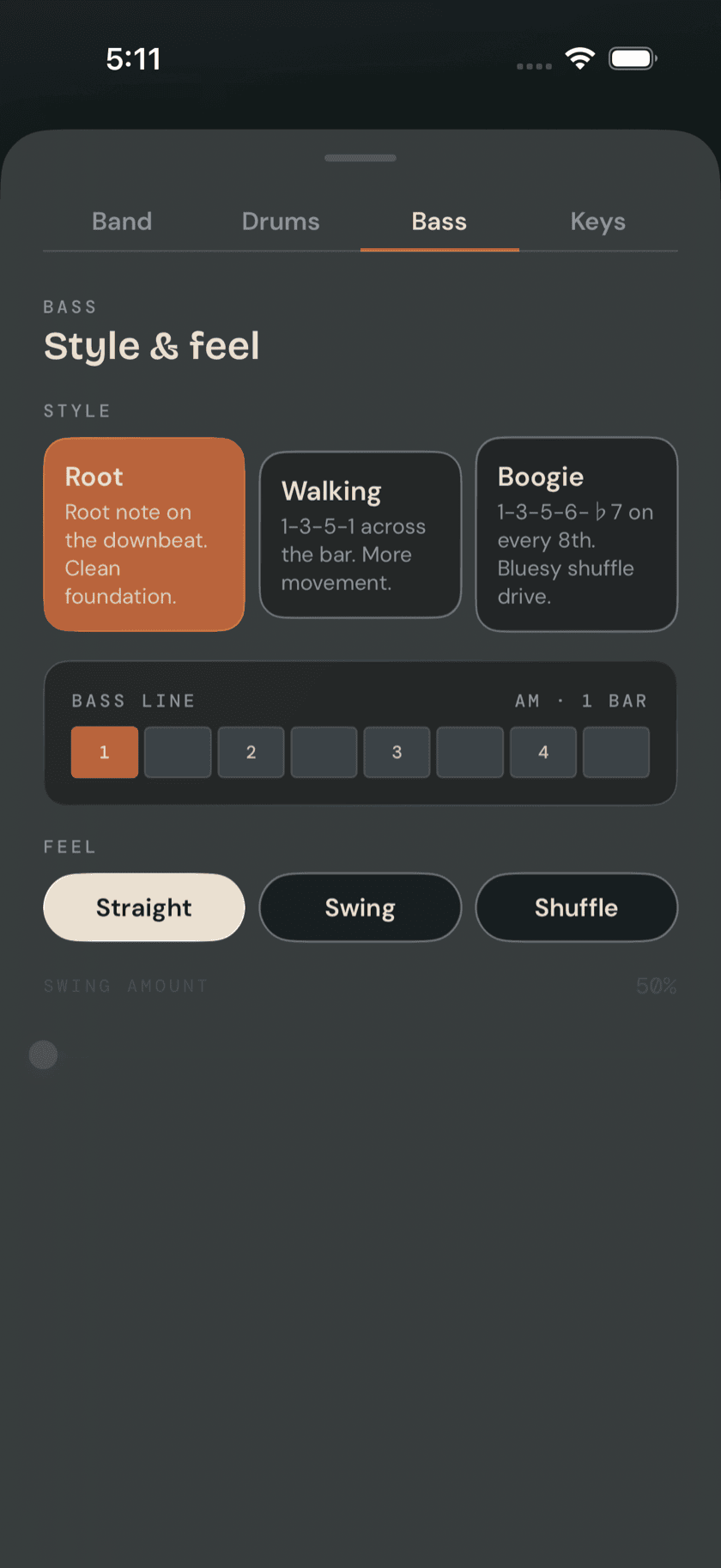Jam band editor sheet open with the Bass tab selected