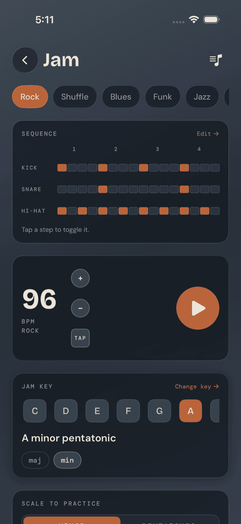 Jam screen showing the backing-track style picker and 16-step drum grid with the Rock style active