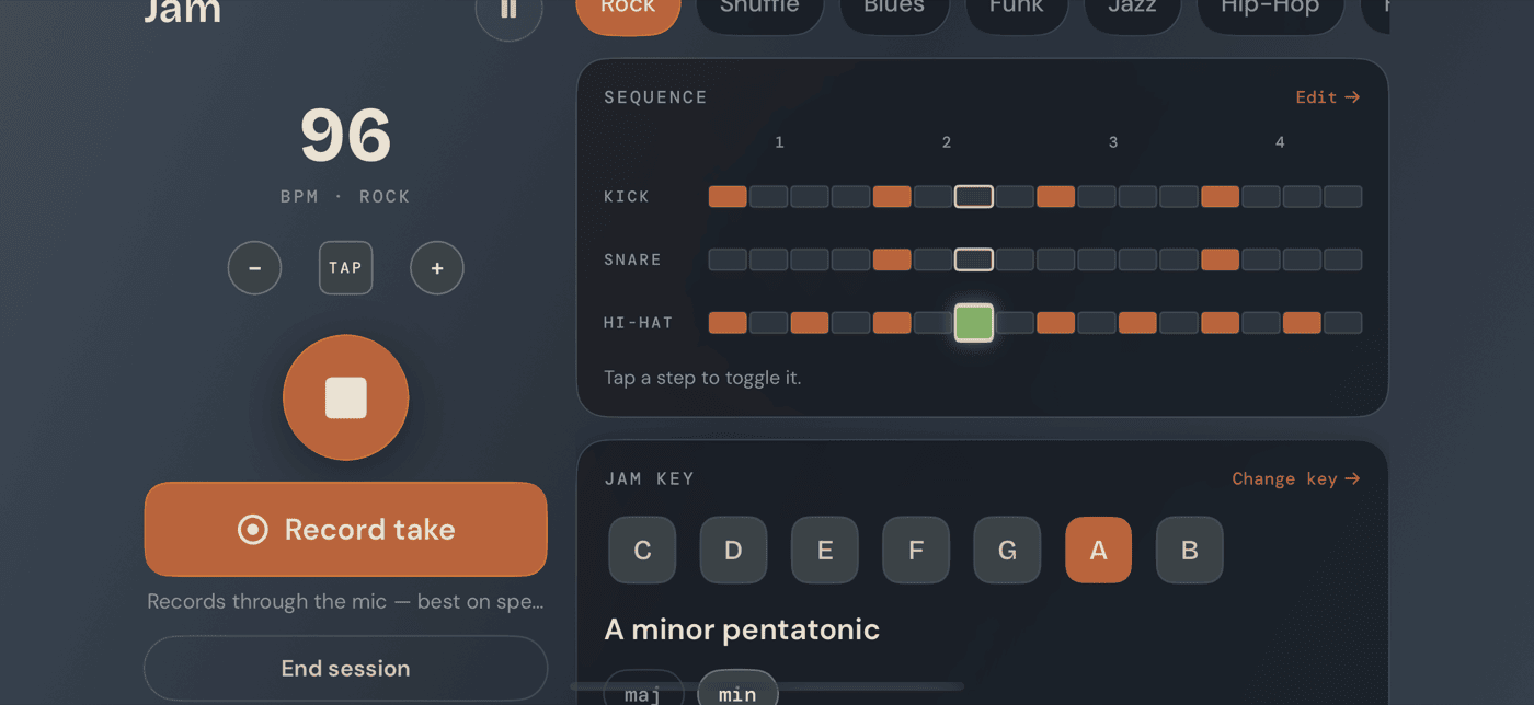 Jam Performance Mode landscape layout on iPad in the Sand theme