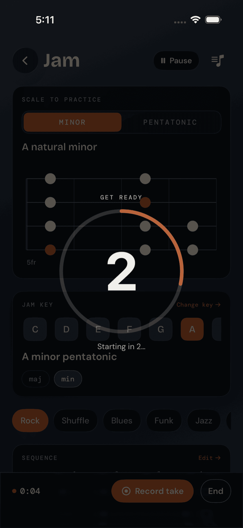 Jam screen showing a recording in progress with the count-in visible