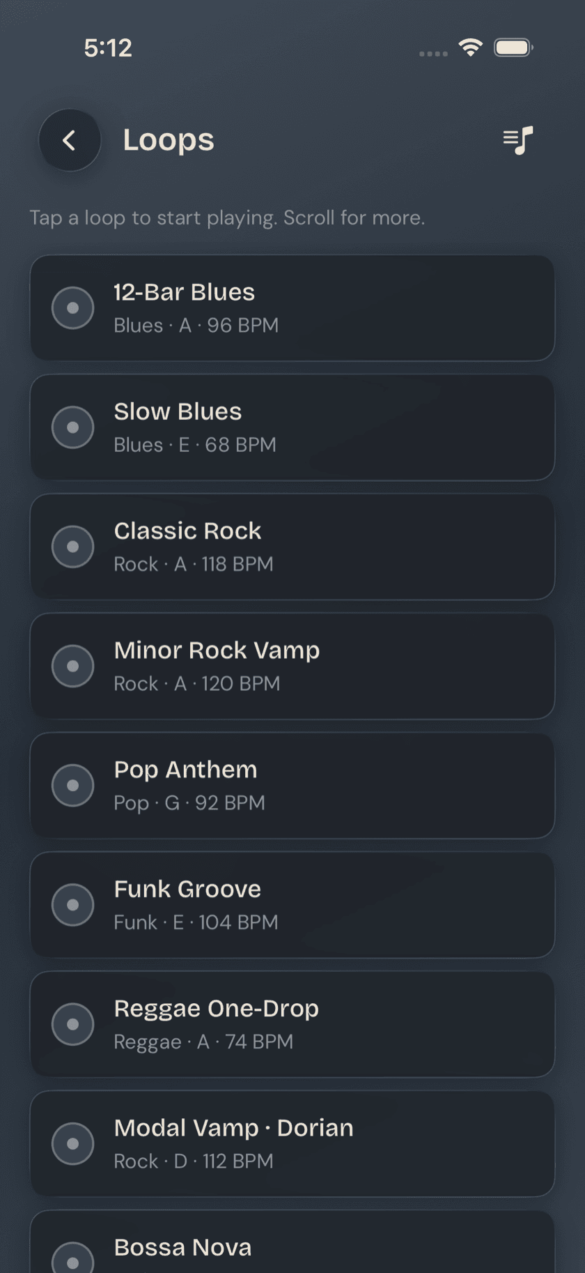 Loops tile library list, now-looping mini-player pinned at the bottom, Terra theme
