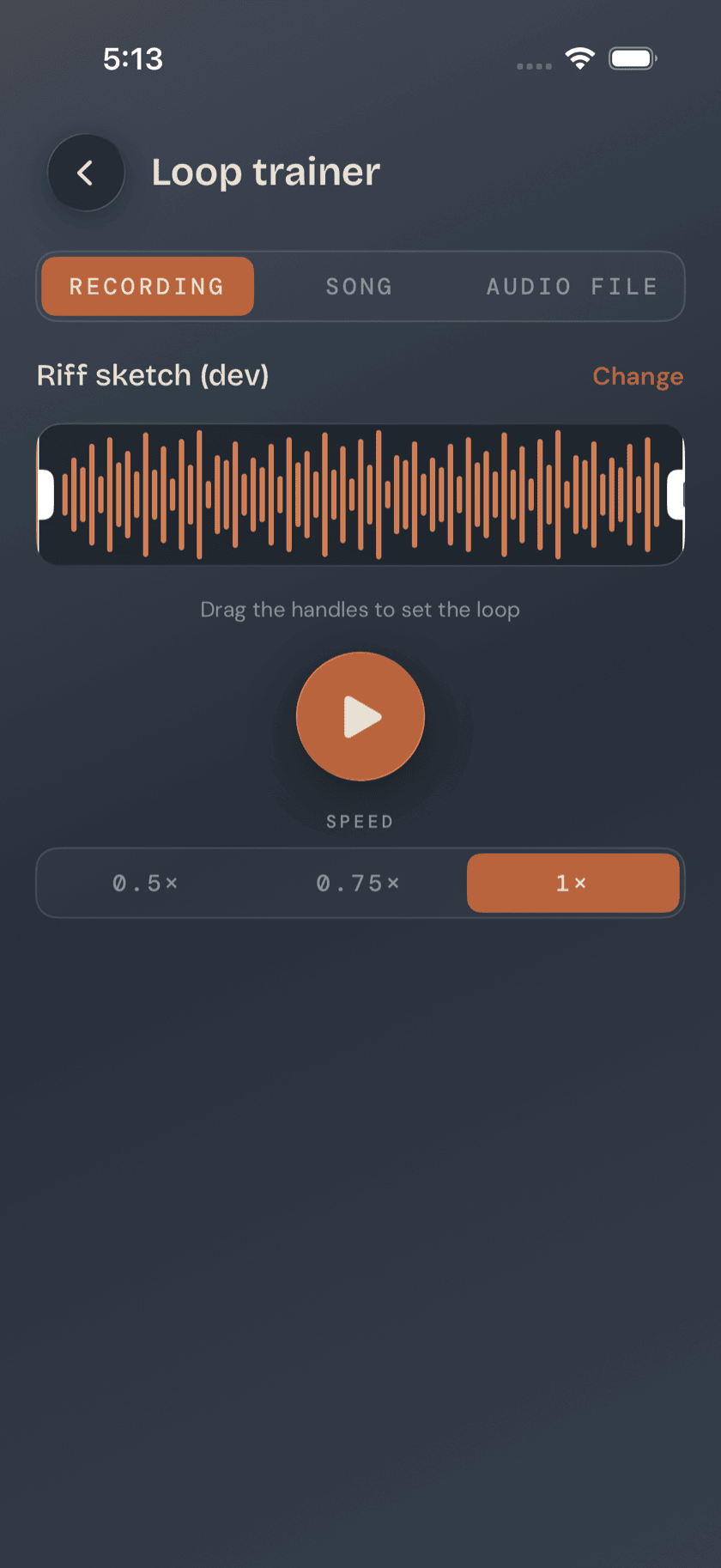 Loop Trainer, Recording source selected, A/B handles set on a waveform, speed control visible, Strata theme