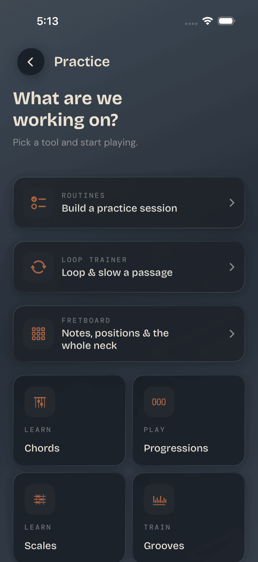 Bass Buddha Practice Hub, full screen, 3 featured cards and 7-tile grid, Obsidian theme