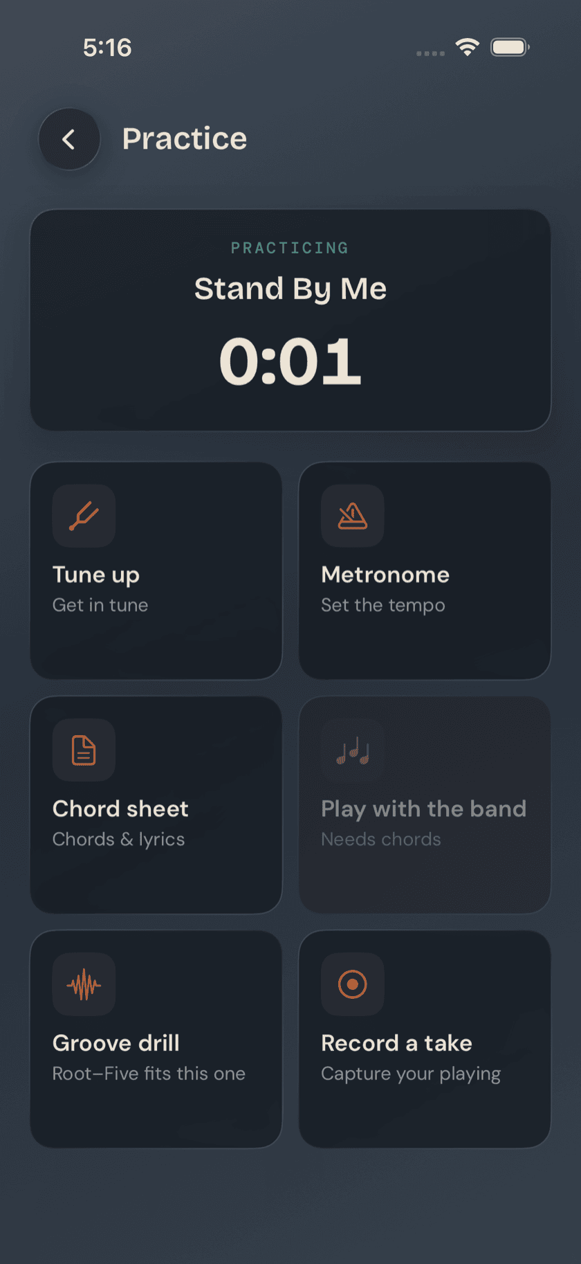 Practice-this-song screen, timer card + tool grid visible