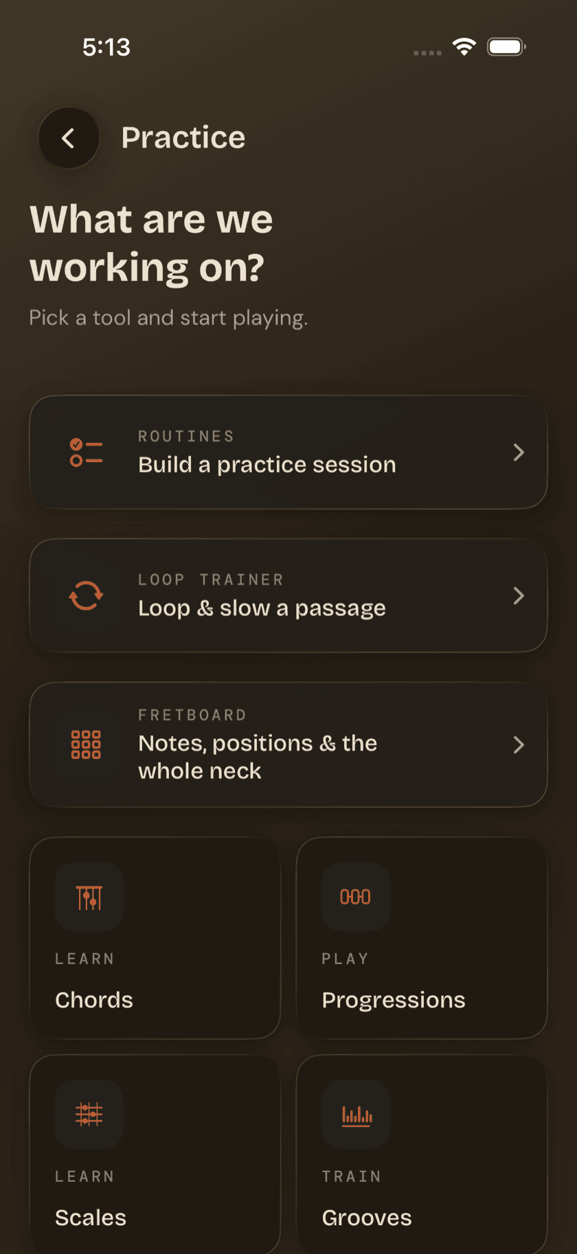 Practice Hub with the Metronome tile visible, Terra theme