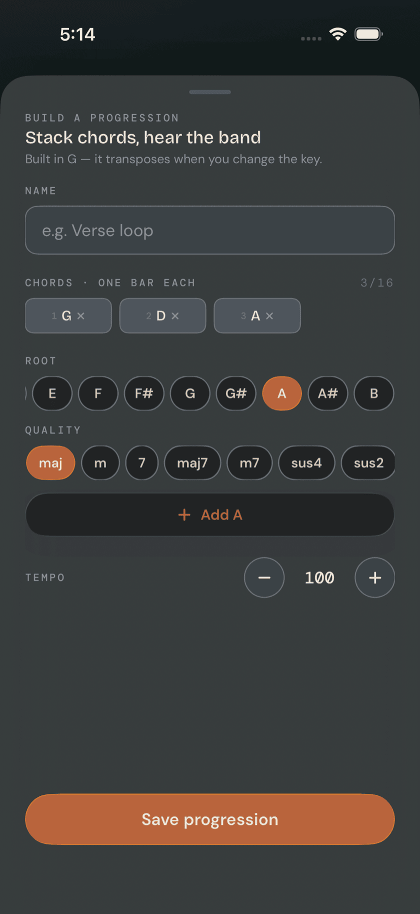 Build-a-progression sheet, chords stacked, tempo set