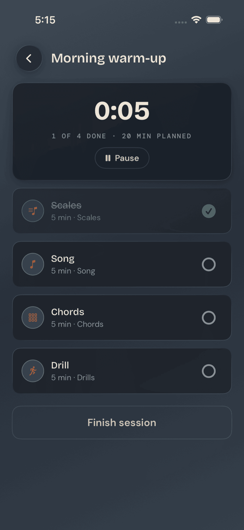 Routine runner, checklist mid-session with timer running and one step checked off