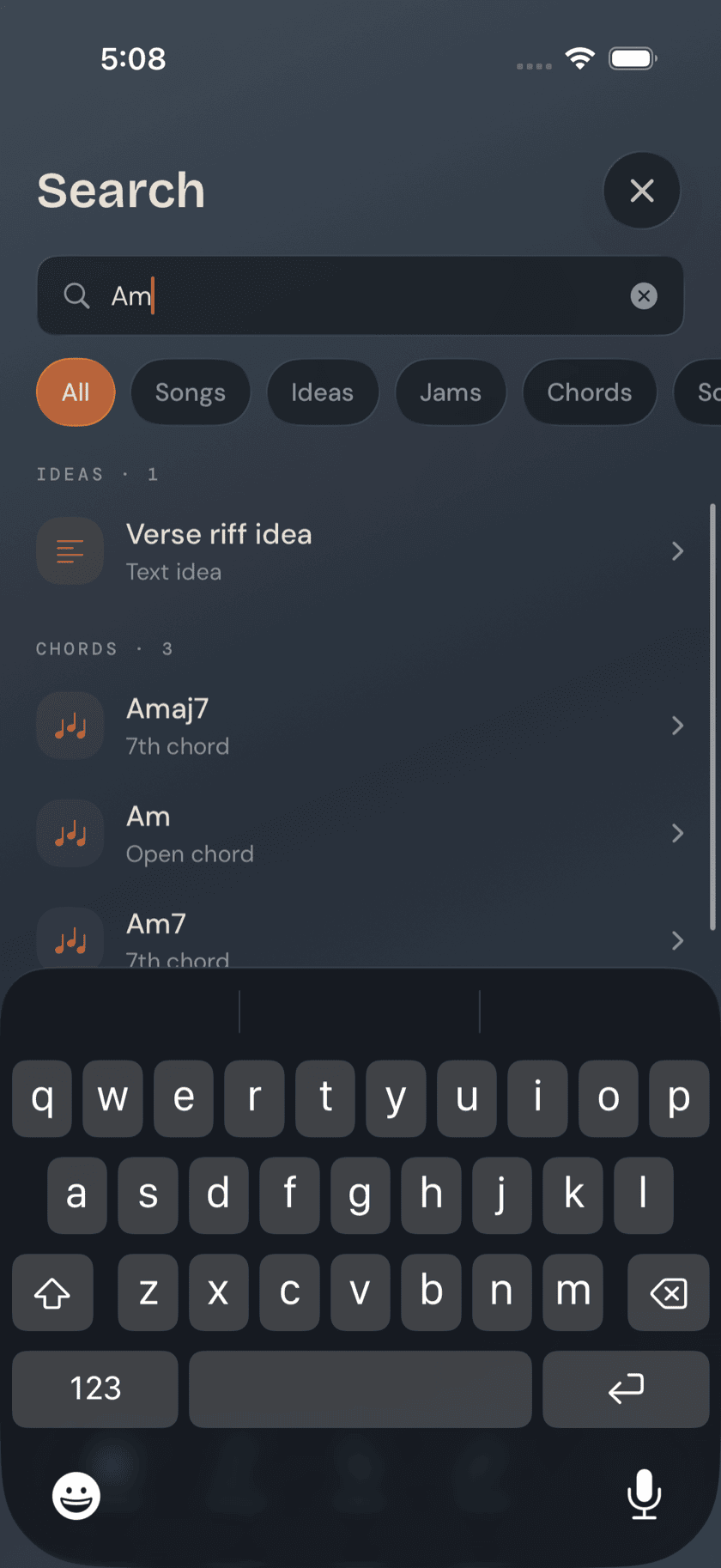 Search tab with an active query and mixed results
