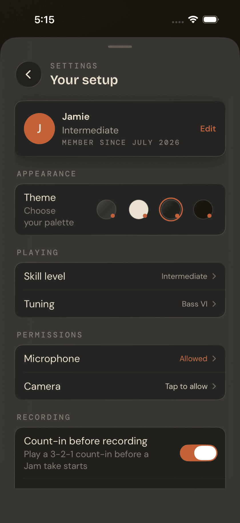 Settings sheet, Permissions section, microphone granted and camera not determined