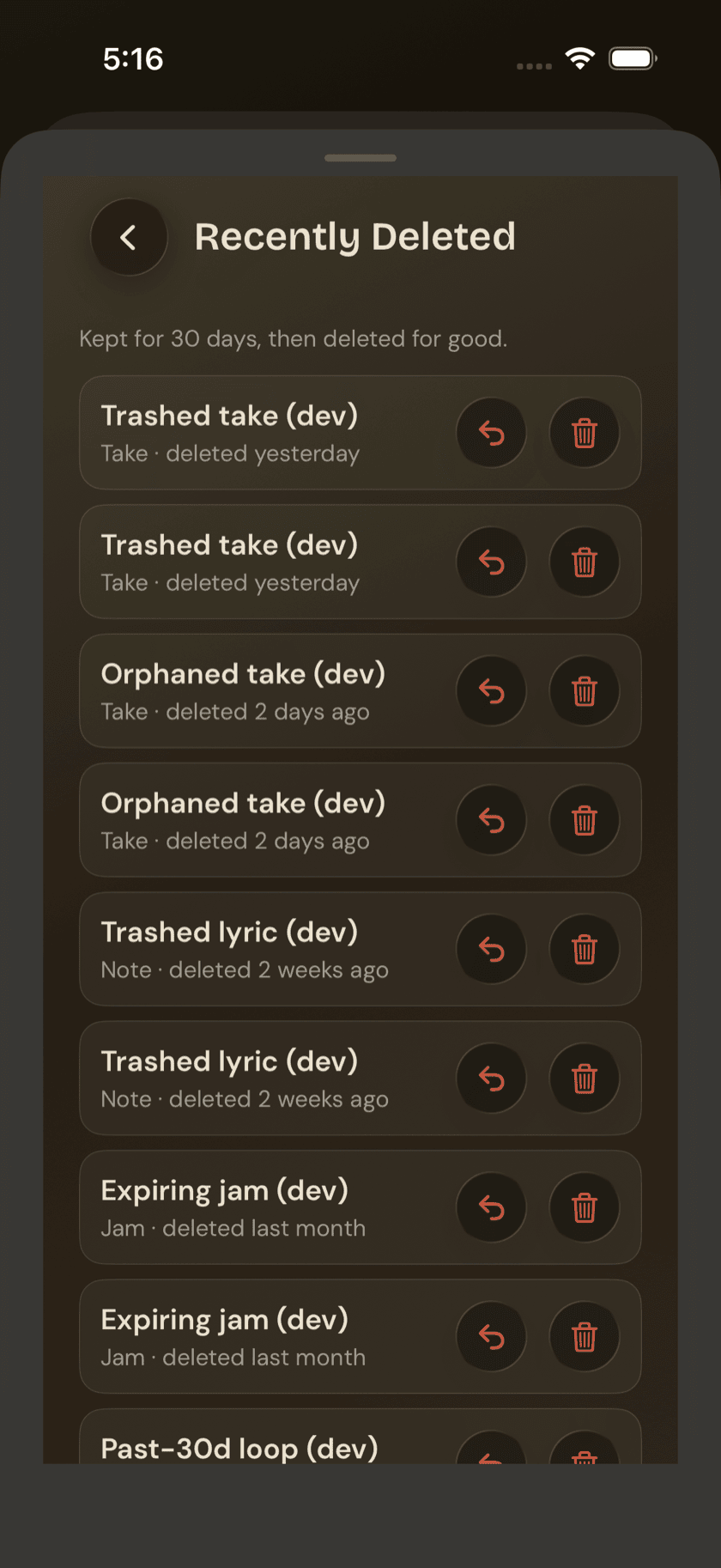 Recently Deleted list in Settings, mixed item types with Restore and Delete controls