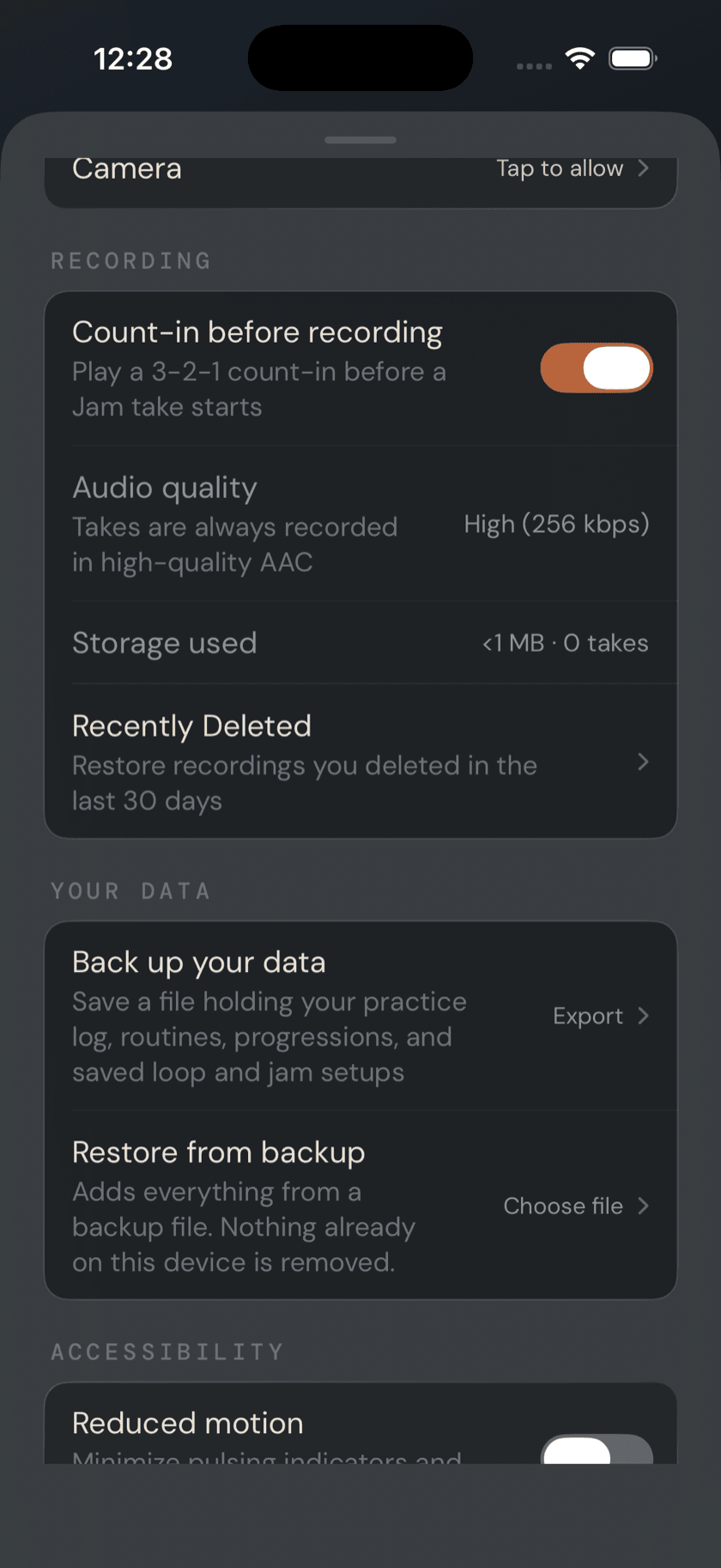 Settings sheet, Your data section, showing Back up your data and Restore from backup