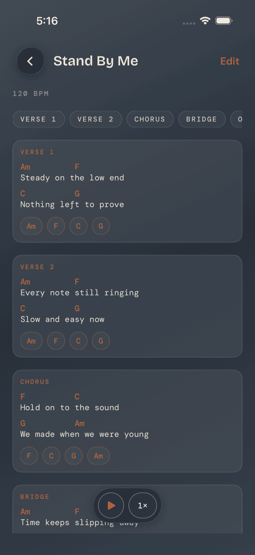 Song detail, imported chord sheet in chords-over-lyrics format with section chips and teleprompter playback controls