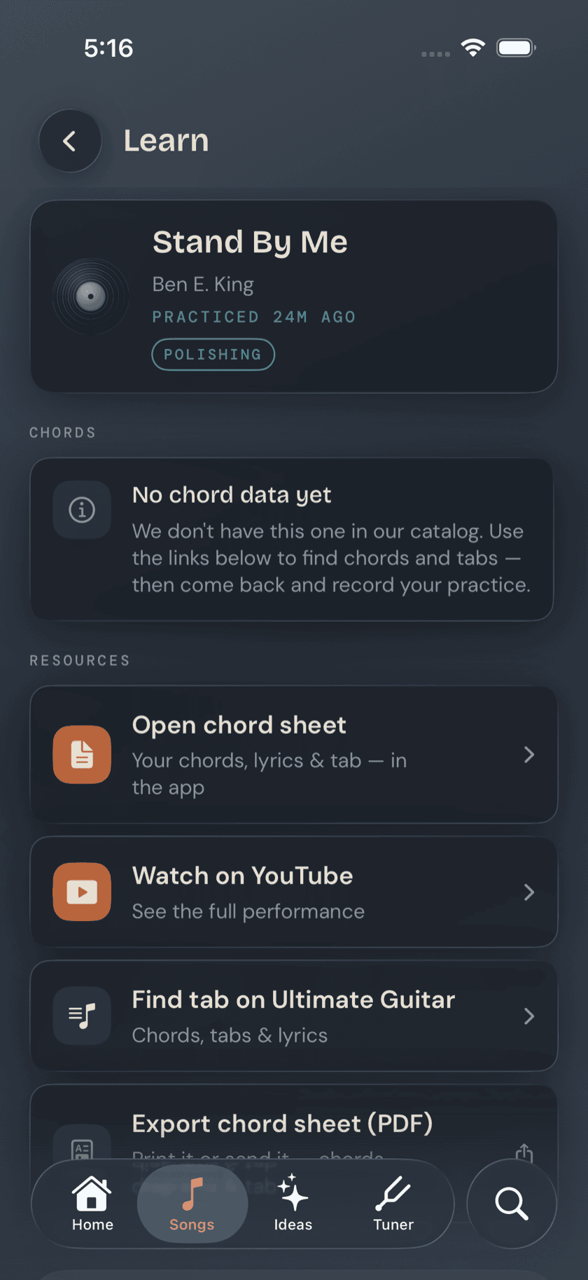 Song detail page, chord grid + transpose controls