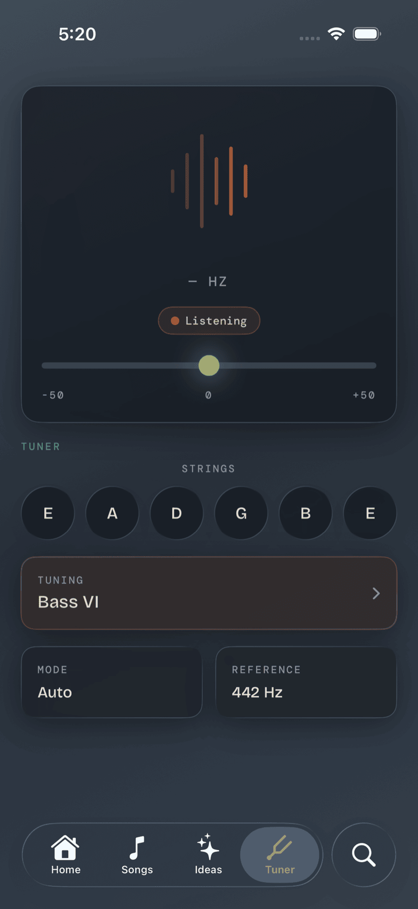 Tuner tab, mid-tuning with a flat reading on the low E string, Obsidian theme