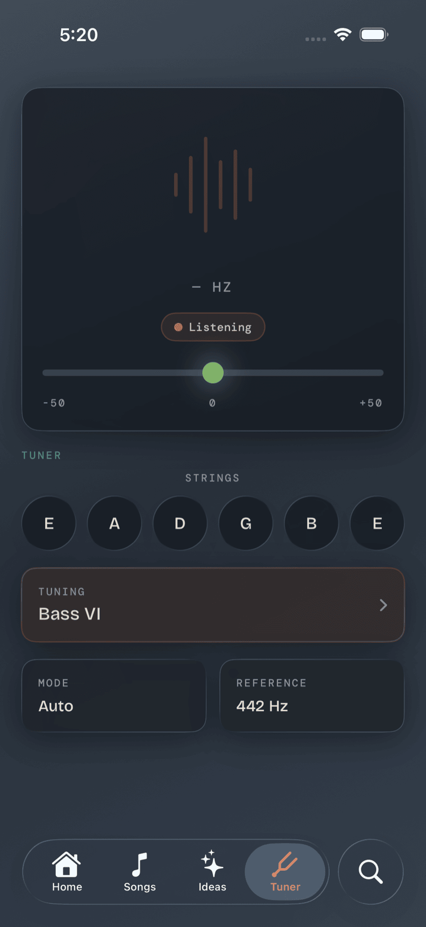 Tuner tab, tuning preset list open, BEAD selected