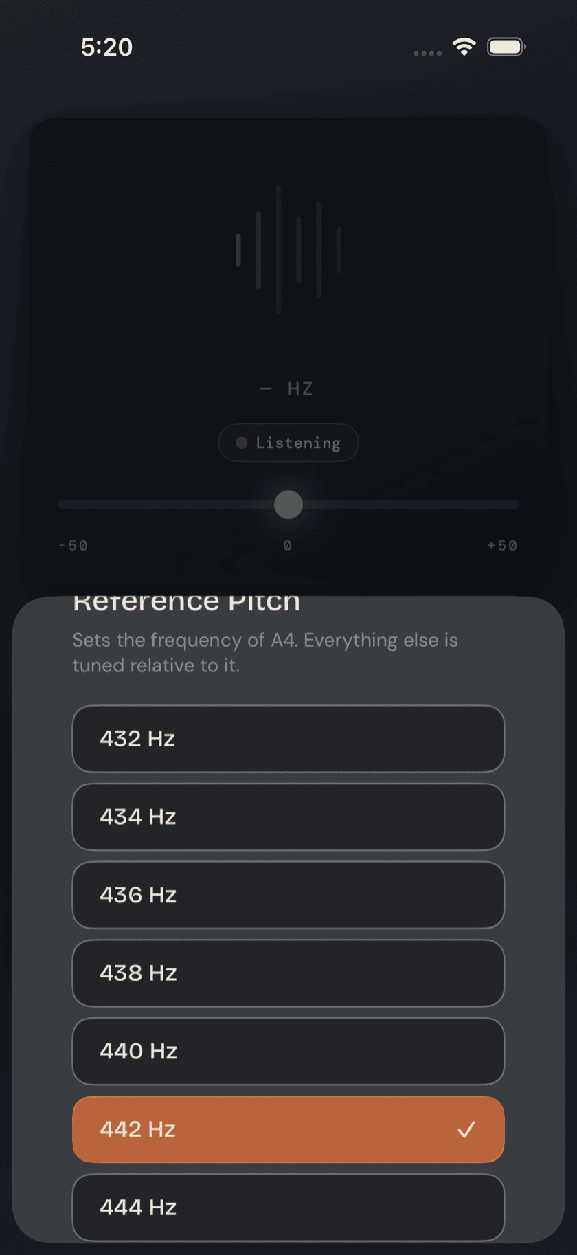 Tuner tab, reference pitch control open, set to a non-440 value